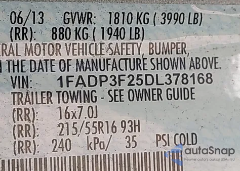 2013 Ford Focus Se z USA, uszkodzony, nr VIN 1FADP3F25DL378168